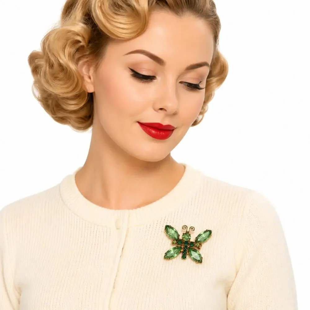 Vintage 1950s Green Rhinestone Butterfly Brooch Gold Tone Pin